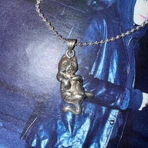 Sterling Silver 925 vintage big cat charm necklace